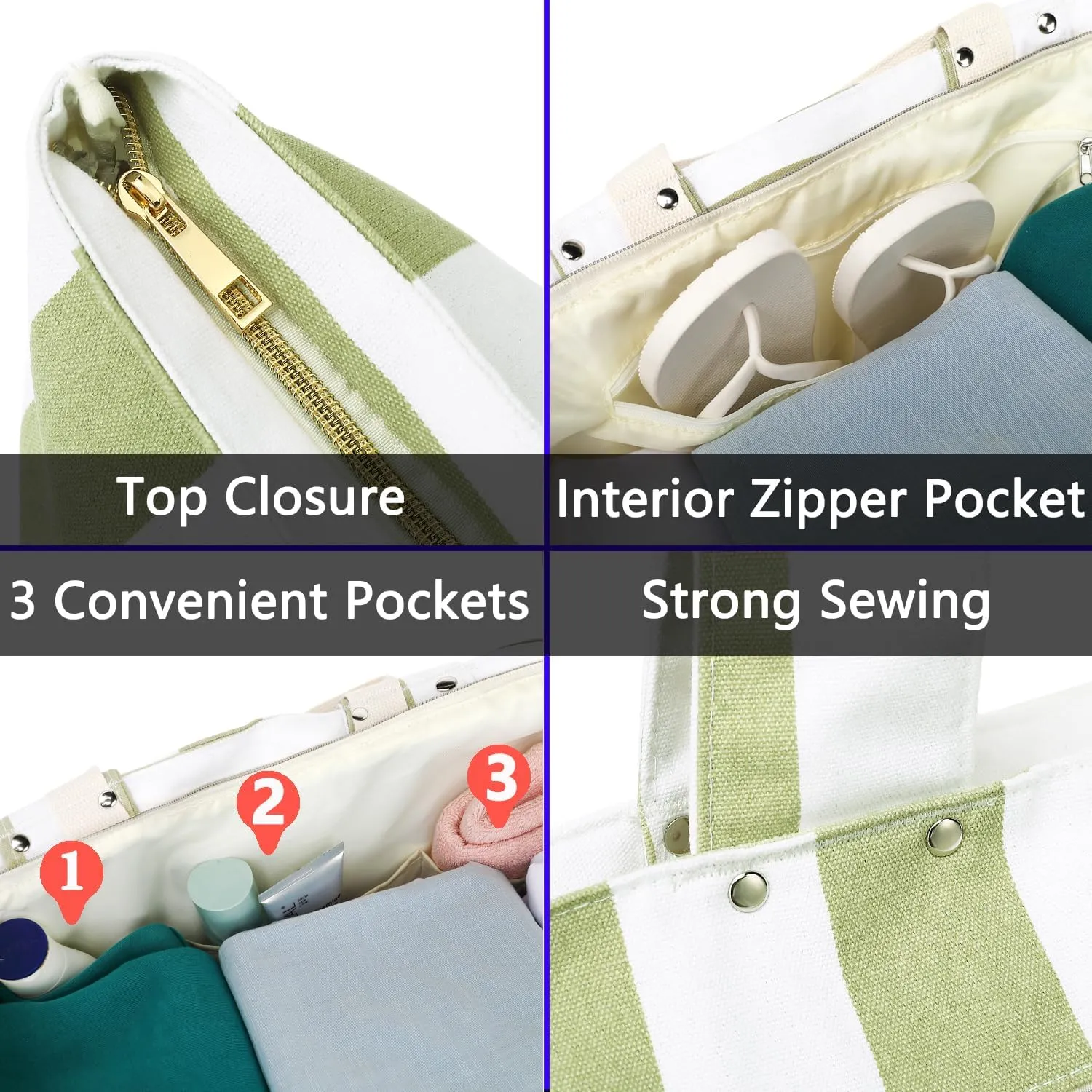 Large Beach Bag for Women, Waterproof Travel Tote Bag with Lunch/Wet Pocket for Weekender, Sandproof, Zipper Closure
