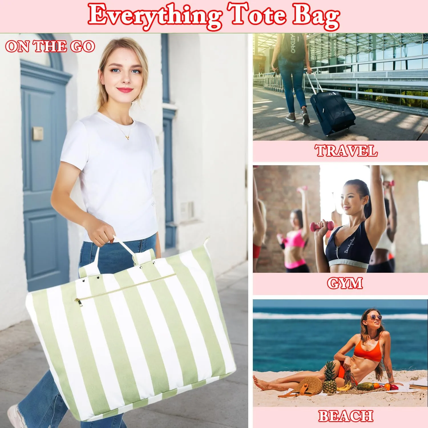 Large Beach Bag for Women, Waterproof Travel Tote Bag with Lunch/Wet Pocket for Weekender, Sandproof, Zipper Closure