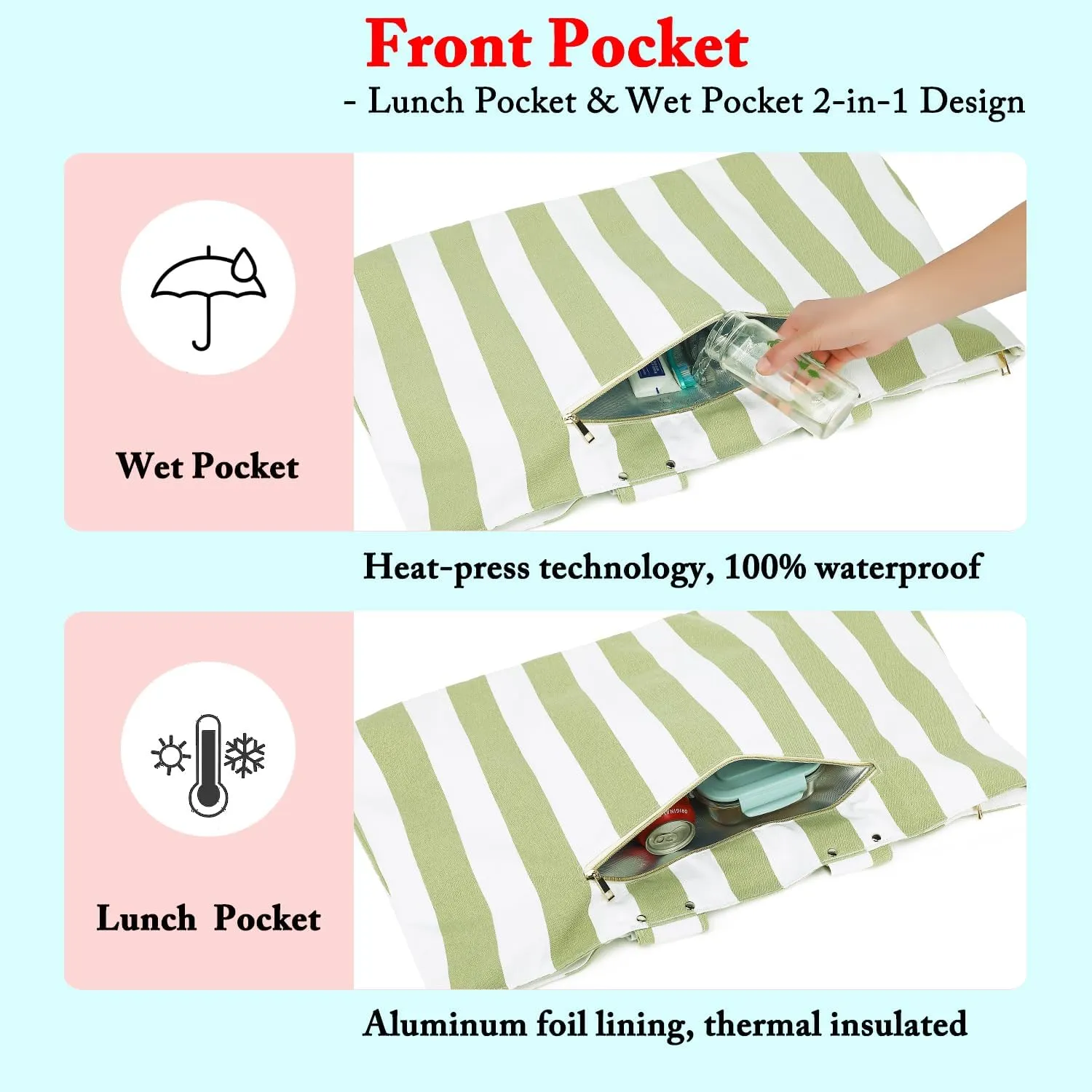 Large Beach Bag for Women, Waterproof Travel Tote Bag with Lunch/Wet Pocket for Weekender, Sandproof, Zipper Closure