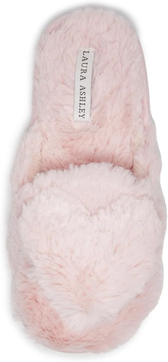 Laura Ashley Women's Slippers, Plush Faux Fur Memory Foam Scuff Slide Slippers, Heart Slip On Slippers for Women - Ladies Indoor House/Bedroom Shoes