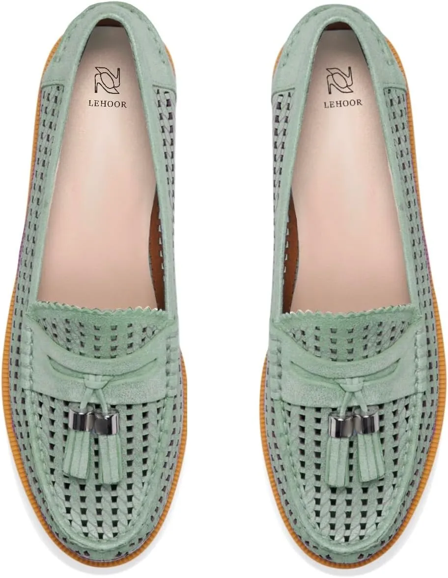 LEHOOR Women Chunky Block Heel Loafers Tassel Perforated Loafer Shoes Round Toe Slip On Dress Shoes Cut Out Retro 1 inch Flat Heel Penny Loafers Office Ladies Chic 4-11 M US