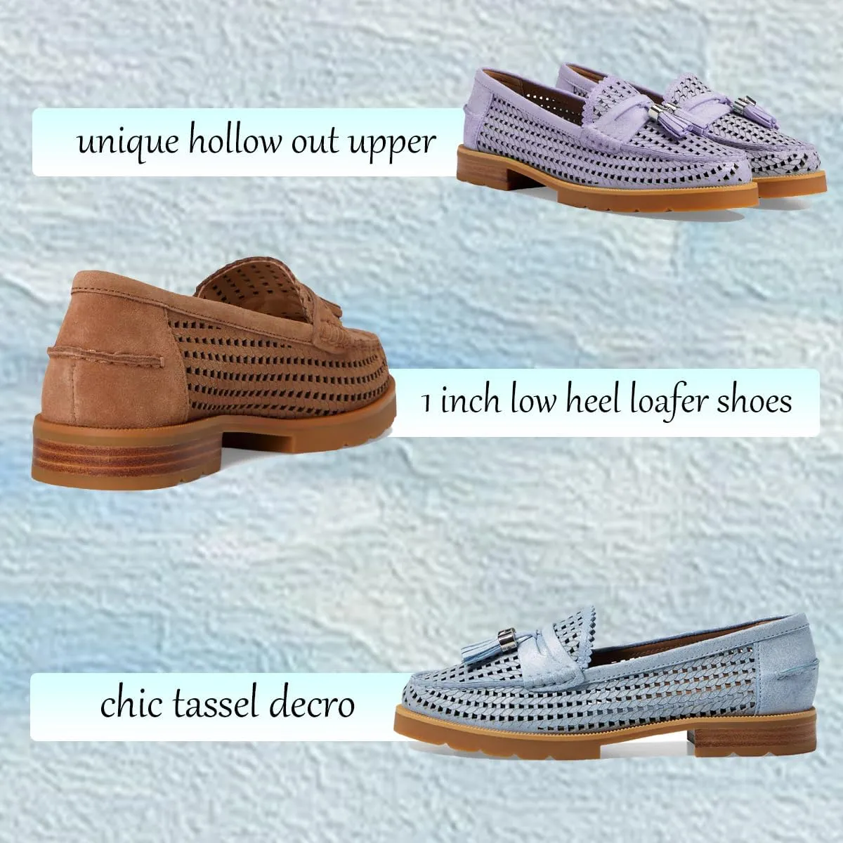 LEHOOR Women Chunky Block Heel Loafers Tassel Perforated Loafer Shoes Round Toe Slip On Dress Shoes Cut Out Retro 1 inch Flat Heel Penny Loafers Office Ladies Chic 4-11 M US