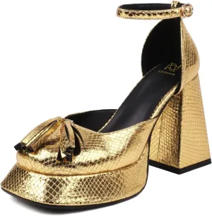 LEHOOR Women Platform Chunky Heel Pumps Cutout High Heels Ankle Strap Heeled Sandals Closed Toe Square Platforms 4 Inch Block Heel Dress Shoes Fringed Pump Tassels Fashion Sexy Party Evening 4-10 M US