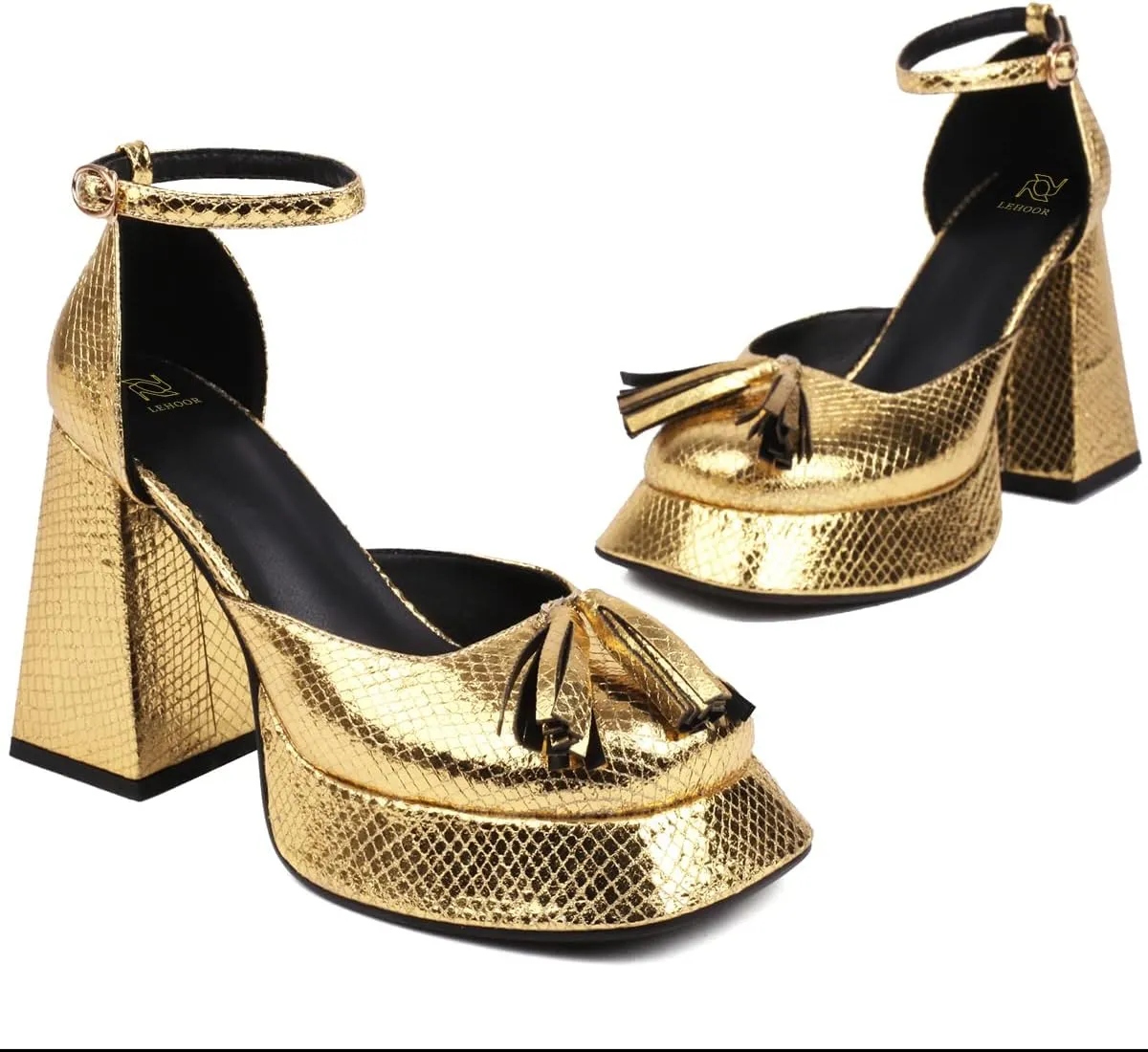 LEHOOR Women Platform Chunky Heel Pumps Cutout High Heels Ankle Strap Heeled Sandals Closed Toe Square Platforms 4 Inch Block Heel Dress Shoes Fringed Pump Tassels Fashion Sexy Party Evening 4-10 M US