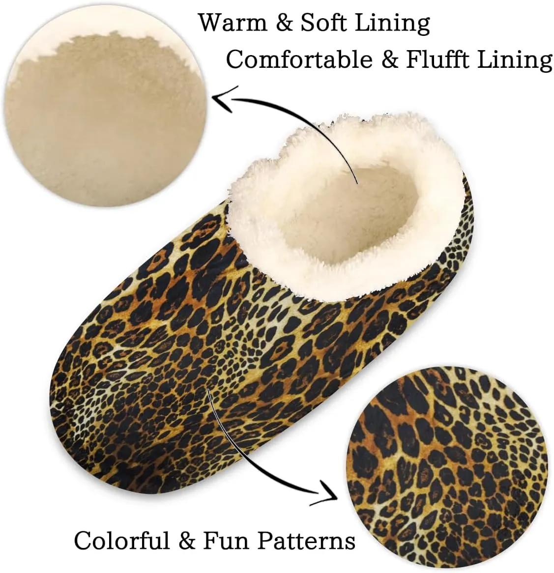 Leopard Print House Slippers for Women Men, Animal Leopard Print Fuzzy Soft Cozy Non Slip Slipper Socks
