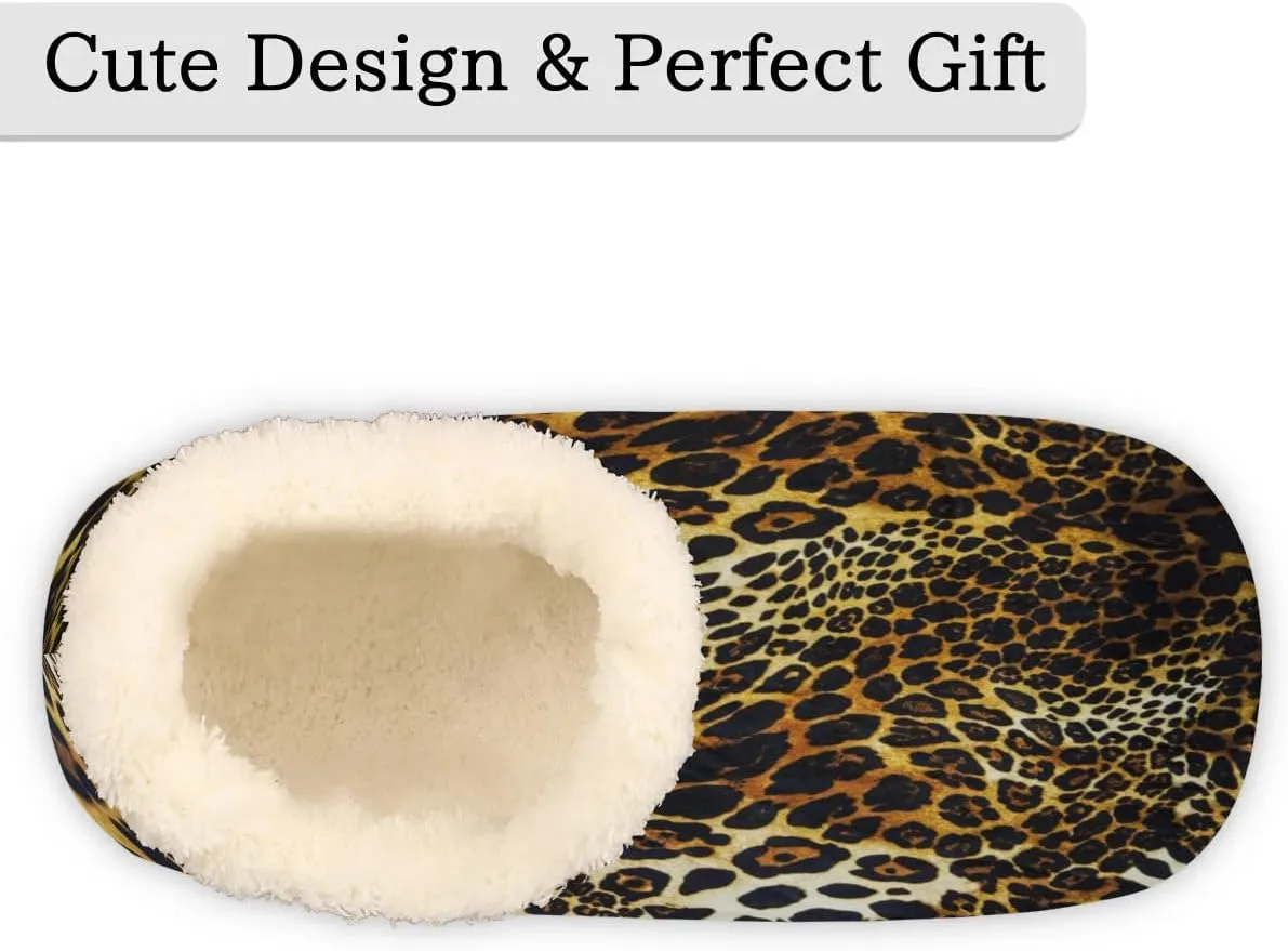 Leopard Print House Slippers for Women Men, Animal Leopard Print Fuzzy Soft Cozy Non Slip Slipper Socks