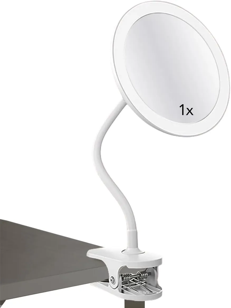 Lighted Makeup Mirror with Flexible Gooseneck, 1X Vanity Mirror with Lights for Desk, Bathroom, Car, and Travel, Rechargeable LED Mirror for Makeup