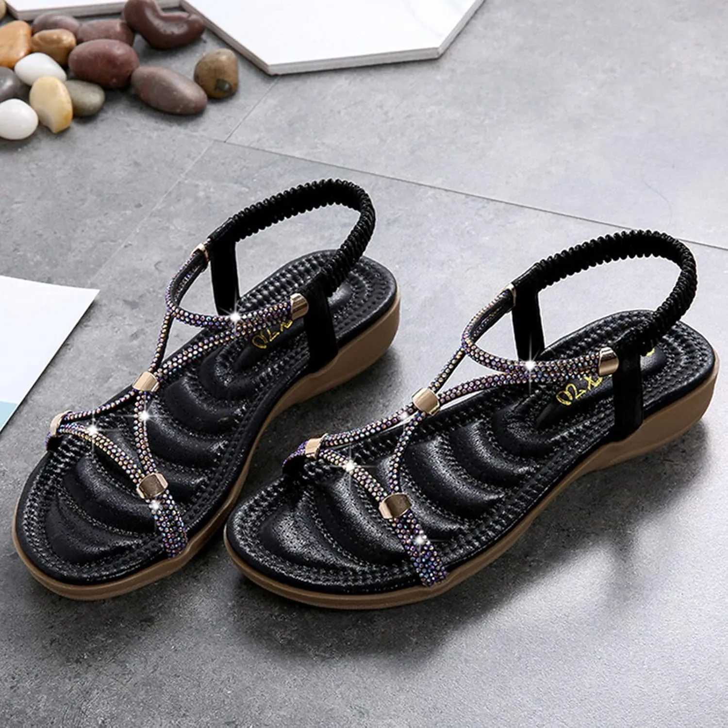 Lightweight Bohemian Sandals for Women Summer Comfortable Summer Dress Shoes Rhinestone Decorative Sandals
