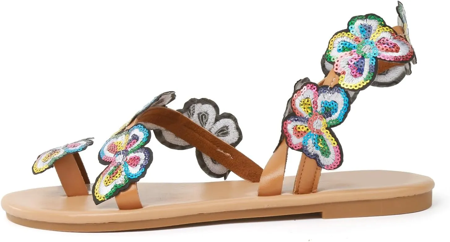 Lightweight Flat Sandals for Women Wedding Beach Shoes Casual Flip Flops Sandals Sequins Butterfly Sandals with Ties