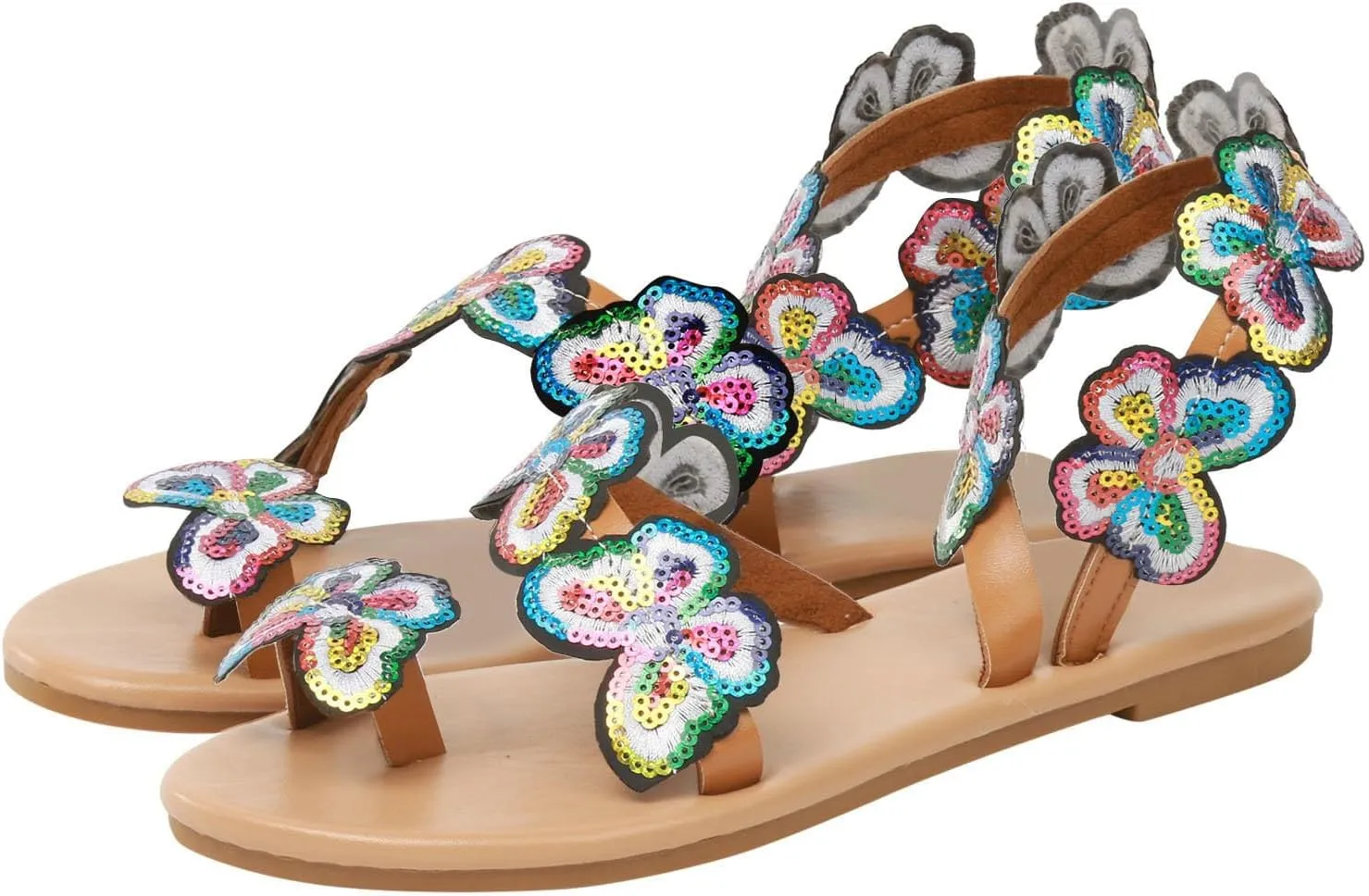 Lightweight Flat Sandals for Women Wedding Beach Shoes Casual Flip Flops Sandals Sequins Butterfly Sandals with Ties