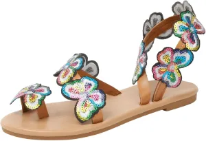 Lightweight Flat Sandals for Women Wedding Beach Shoes Casual Flip Flops Sandals Sequins Butterfly Sandals with Ties