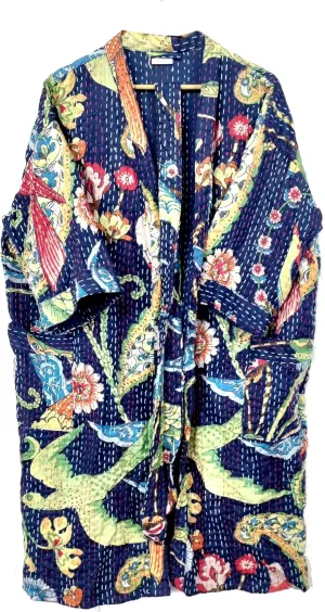 Lightweight Open Front Peacock Print Mid Length Women Free Size Ethnic Cotton Outwear Kantha Jacket
