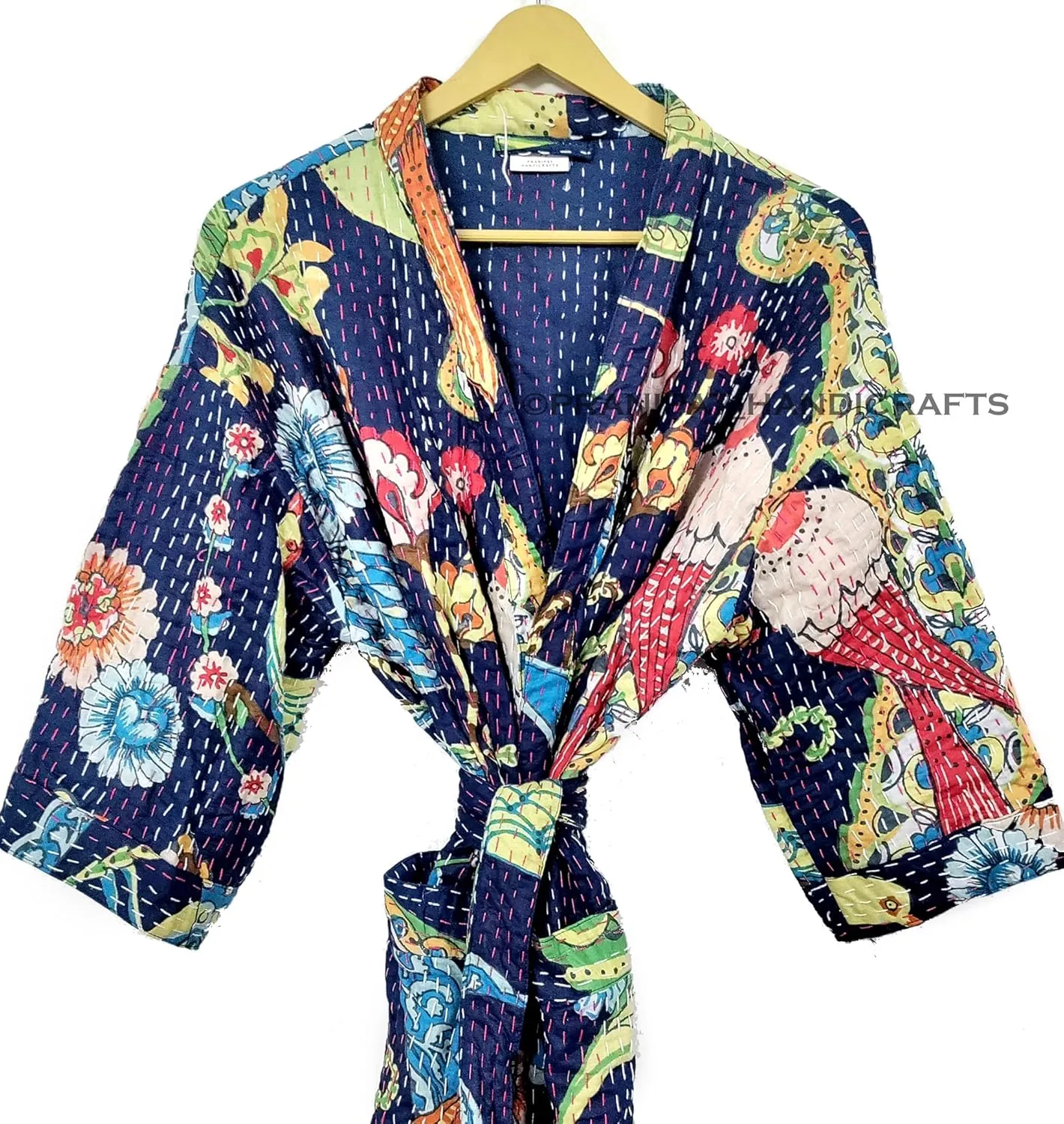 Lightweight Open Front Peacock Print Mid Length Women Free Size Ethnic Cotton Outwear Kantha Jacket