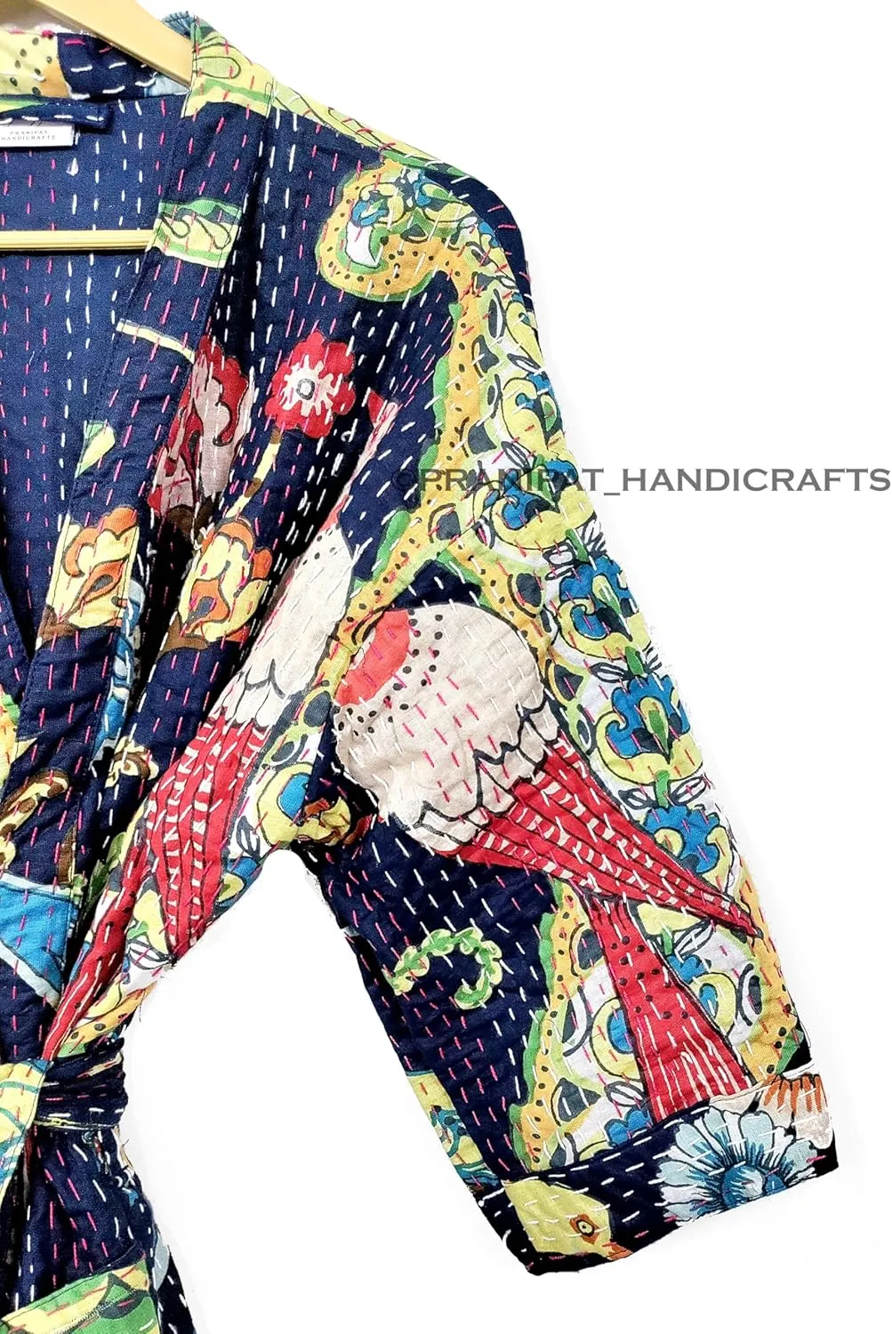 Lightweight Open Front Peacock Print Mid Length Women Free Size Ethnic Cotton Outwear Kantha Jacket