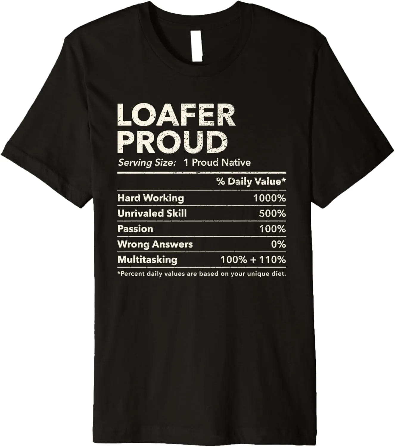 Loafer, Arkansas Proud Nutrition Facts Premium T-Shirt