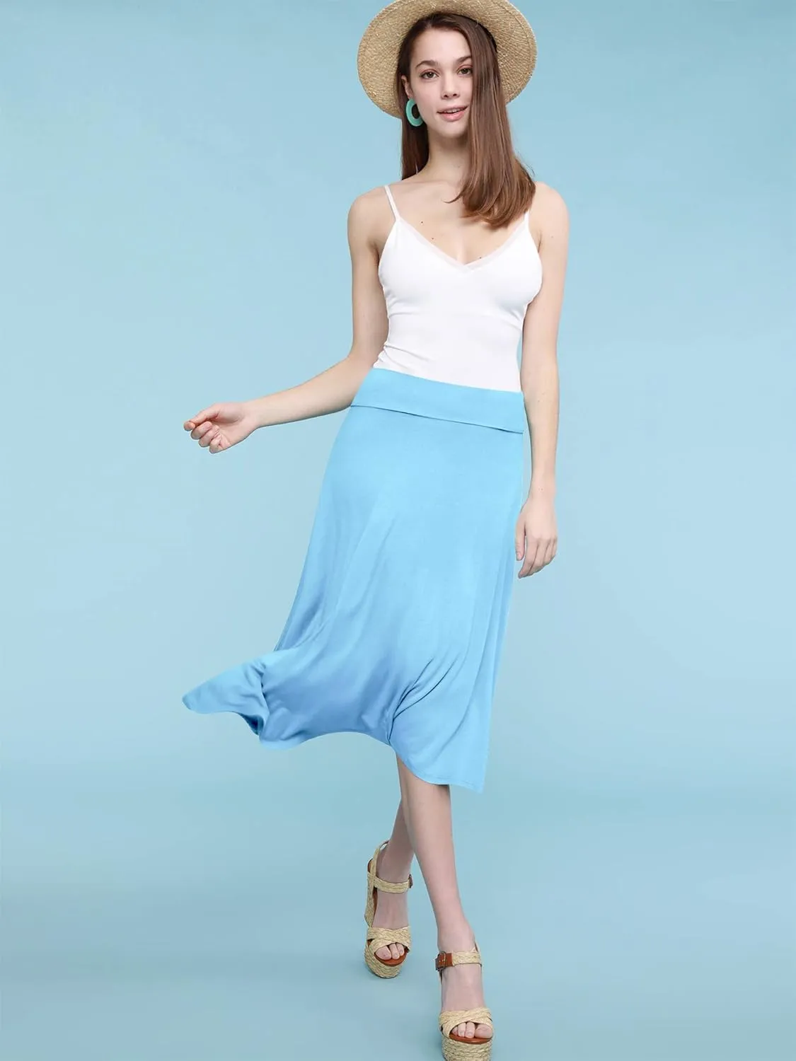 Lock and Love Women's Solid Ombre Lightweight Flare Midi Pull On Closure Skirt S-XXXL Plus Size