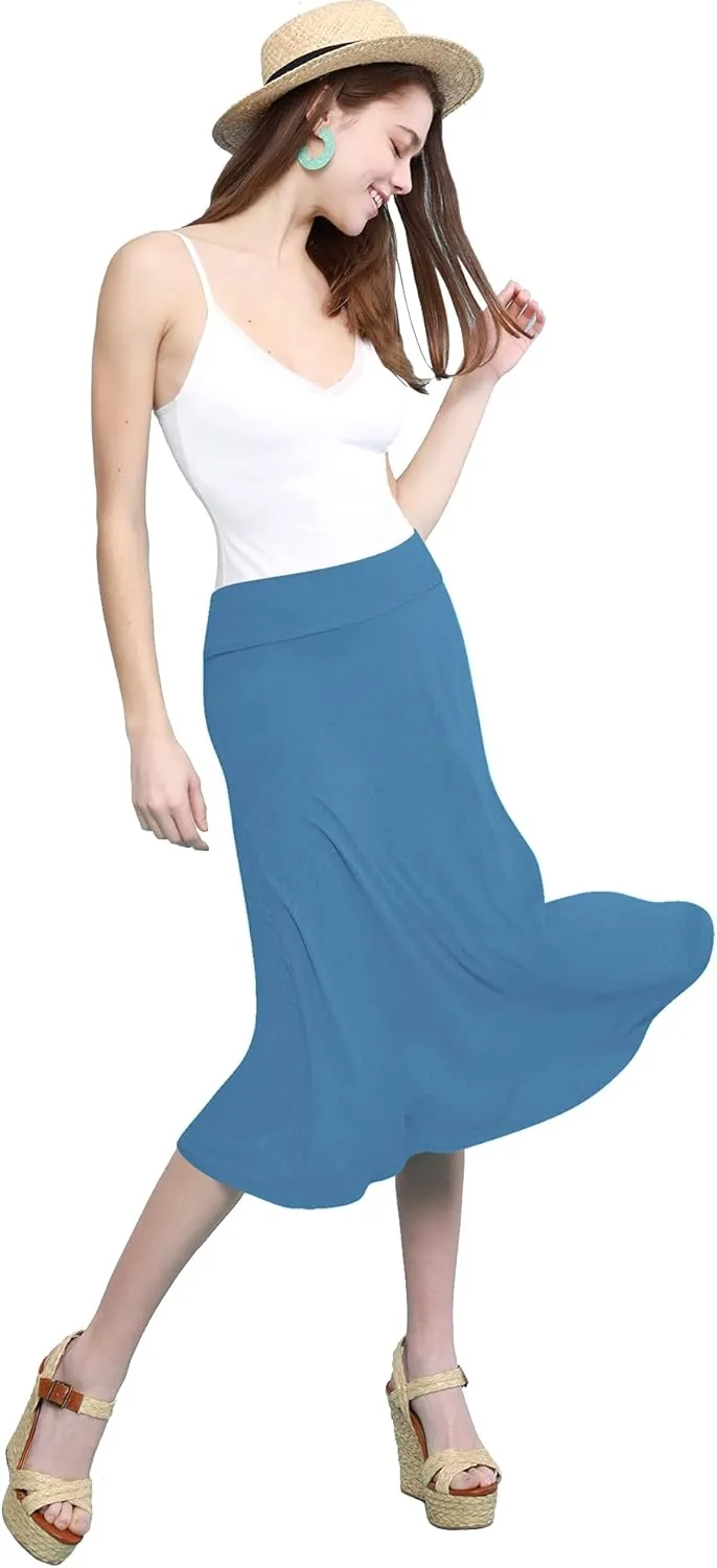 Lock and Love Women's Solid Ombre Lightweight Flare Midi Pull On Closure Skirt S-XXXL Plus Size