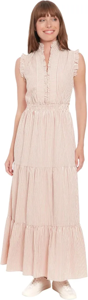 London Times Women's Smocked Waist Ruffle Collared Tiered Maxi Dress