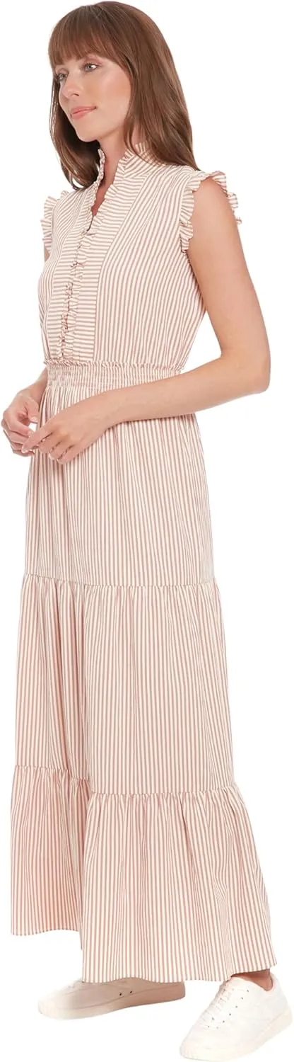 London Times Women's Smocked Waist Ruffle Collared Tiered Maxi Dress