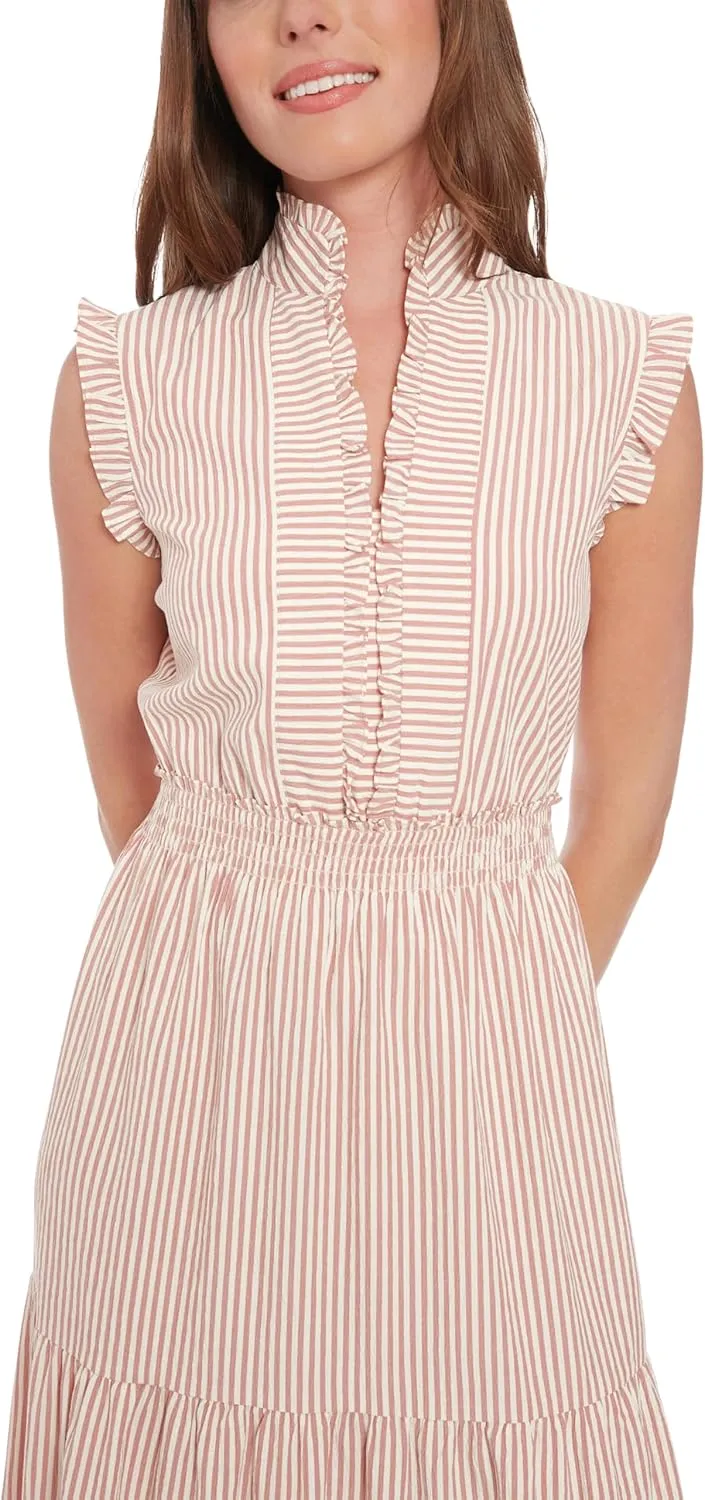 London Times Women's Smocked Waist Ruffle Collared Tiered Maxi Dress