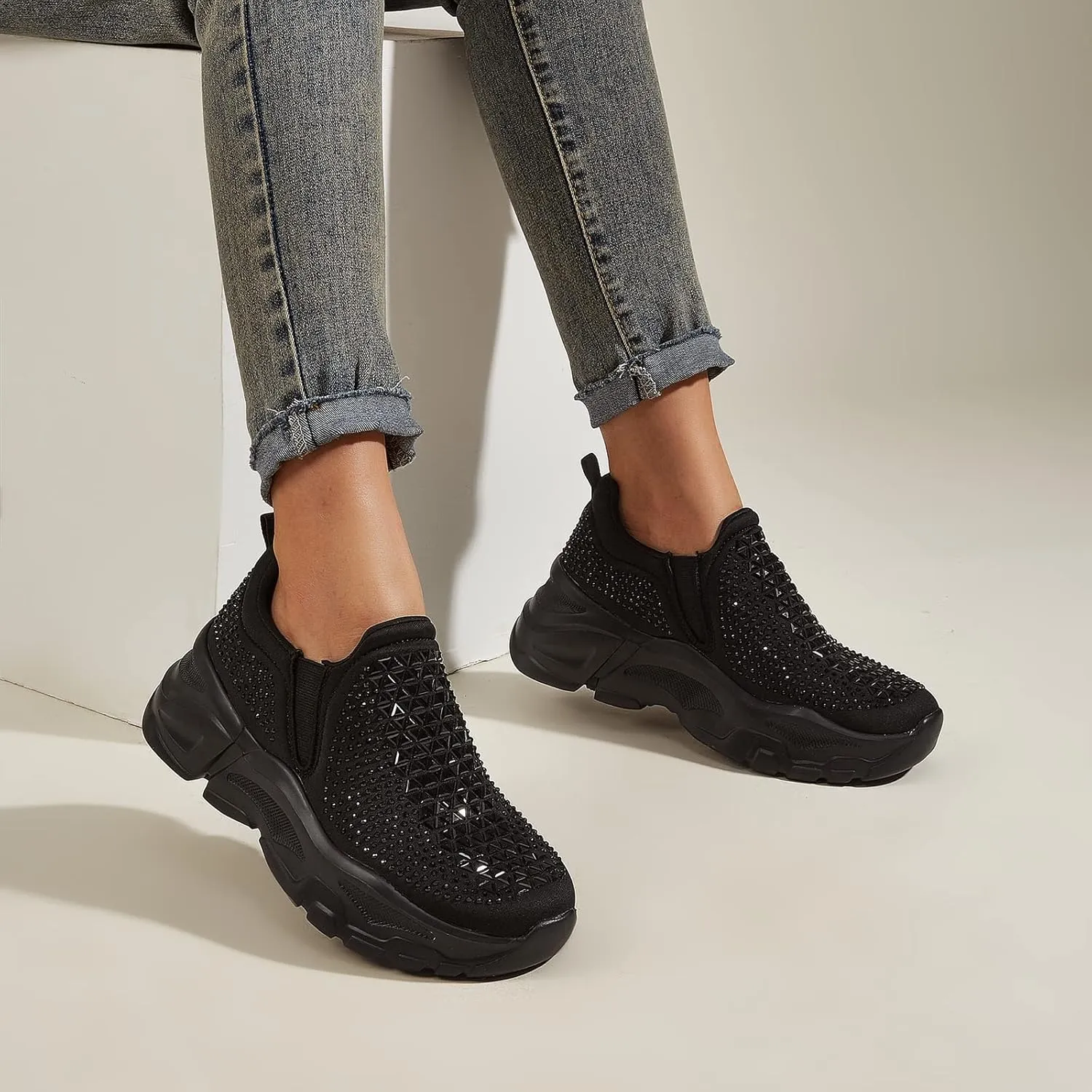 LUCKY STEP Women Slip On Rhinestone Sneaker Chunky Fashion Platform Sparkly Elastic Walking Shoes