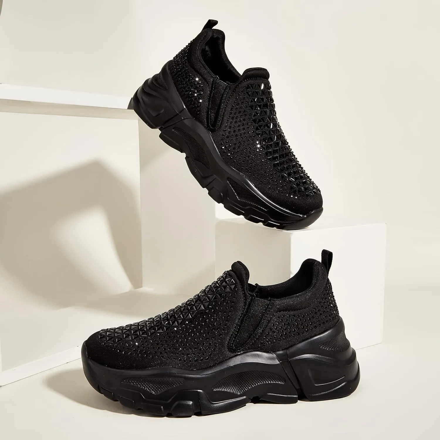 LUCKY STEP Women Slip On Rhinestone Sneaker Chunky Fashion Platform Sparkly Elastic Walking Shoes