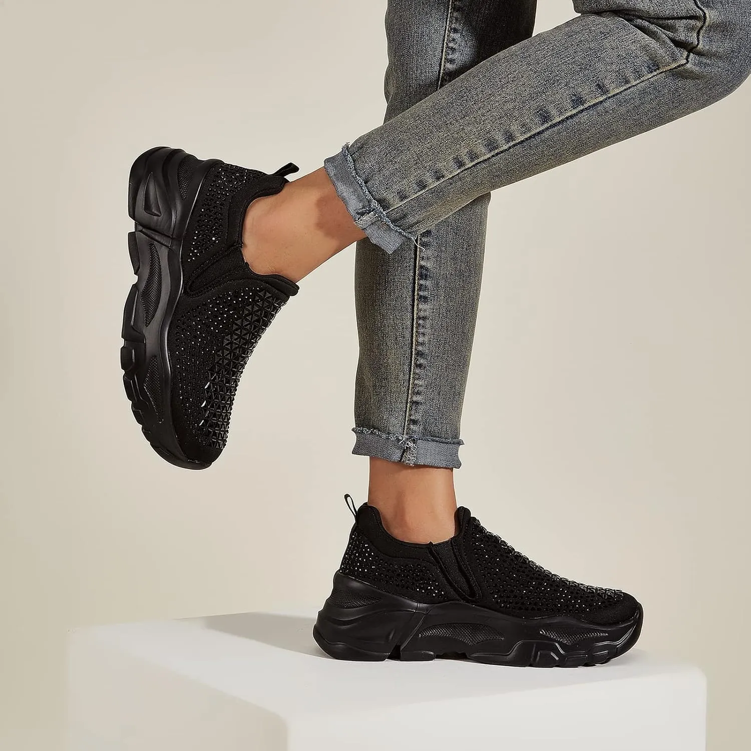 LUCKY STEP Women Slip On Rhinestone Sneaker Chunky Fashion Platform Sparkly Elastic Walking Shoes