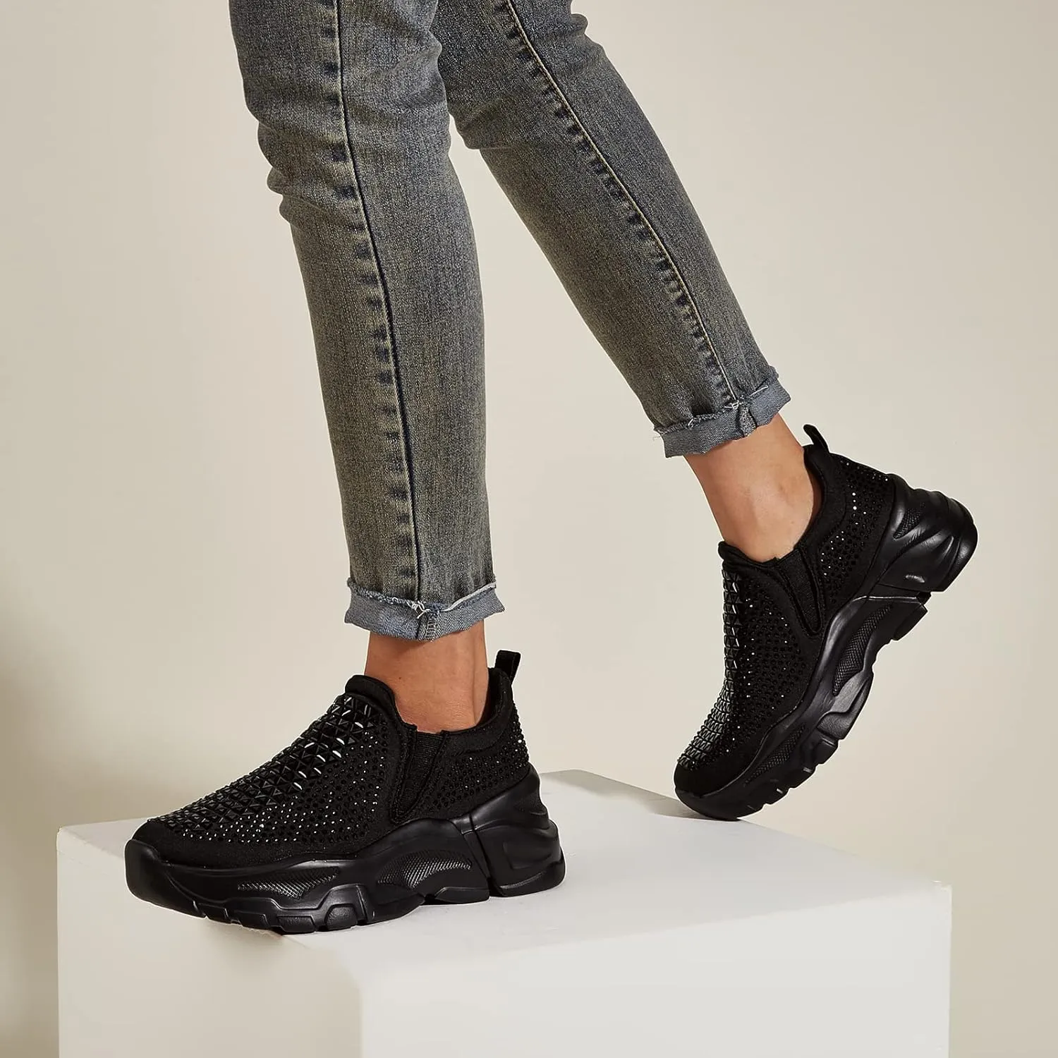 LUCKY STEP Women Slip On Rhinestone Sneaker Chunky Fashion Platform Sparkly Elastic Walking Shoes