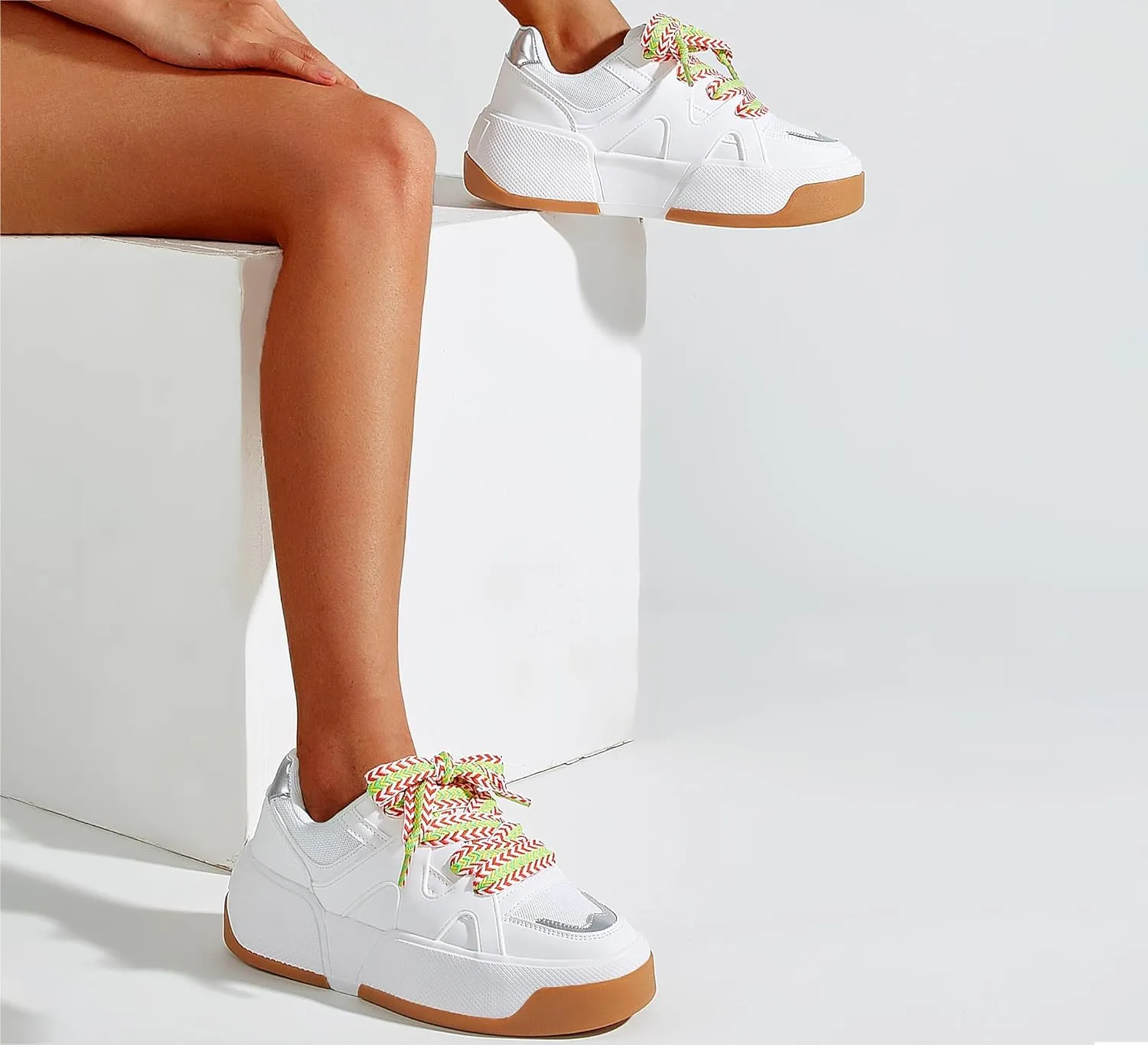 LUCKY STEP Women’s Platform Fashion Sneakers Lace up Casual Faux Leather Comfortable Thick Sole Tennis Walking Shoes