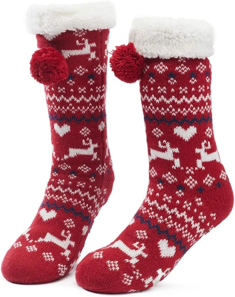 maamgic Womens Knit Christmas Sherpa Slipper Socks Grippers Warm Sweater Bootie Thick Fleece Ladies Female Fuzzy Winter Socks