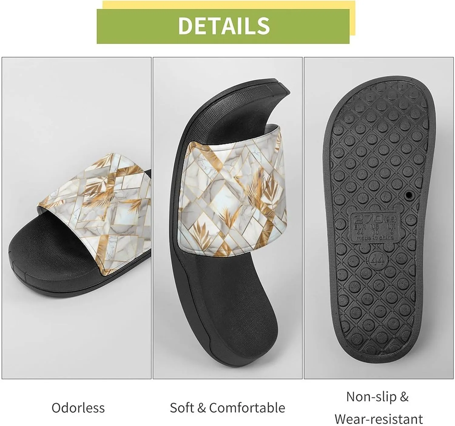 Marble Geometric Gold Leaves Slippers for Women Men Anti-Slip Shower Slides Open Toe Slippers for Home Outdoor Beach