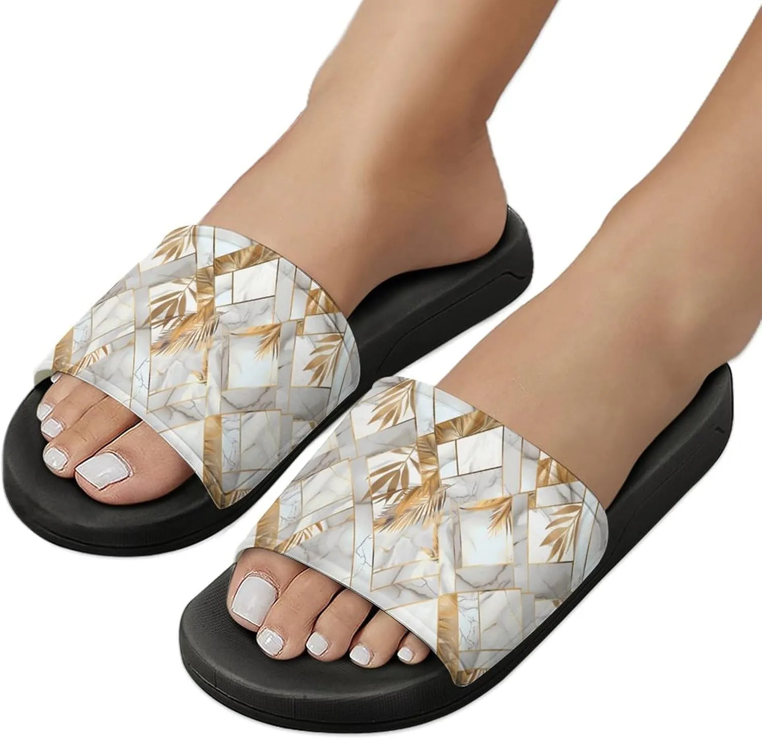 Marble Geometric Gold Leaves Slippers for Women Men Anti-Slip Shower Slides Open Toe Slippers for Home Outdoor Beach