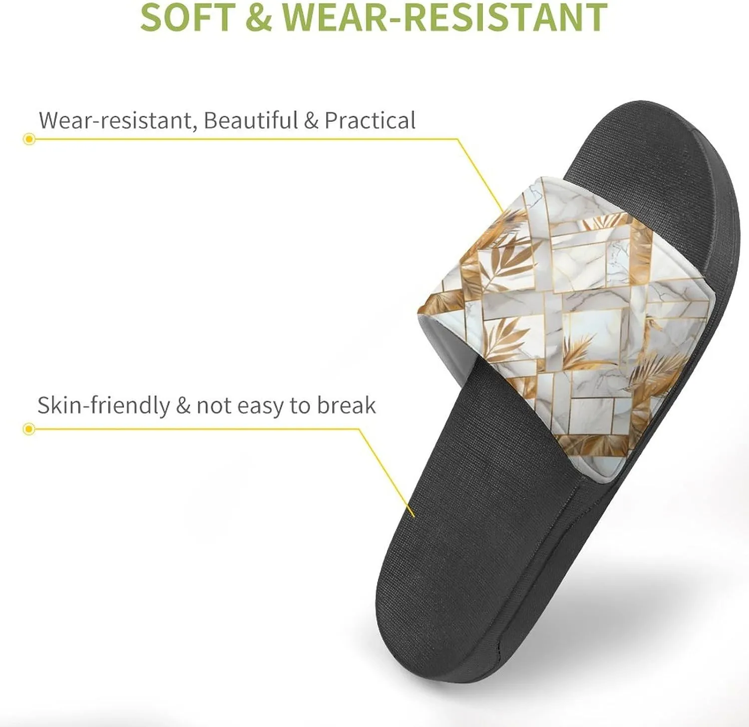 Marble Geometric Gold Leaves Slippers for Women Men Anti-Slip Shower Slides Open Toe Slippers for Home Outdoor Beach