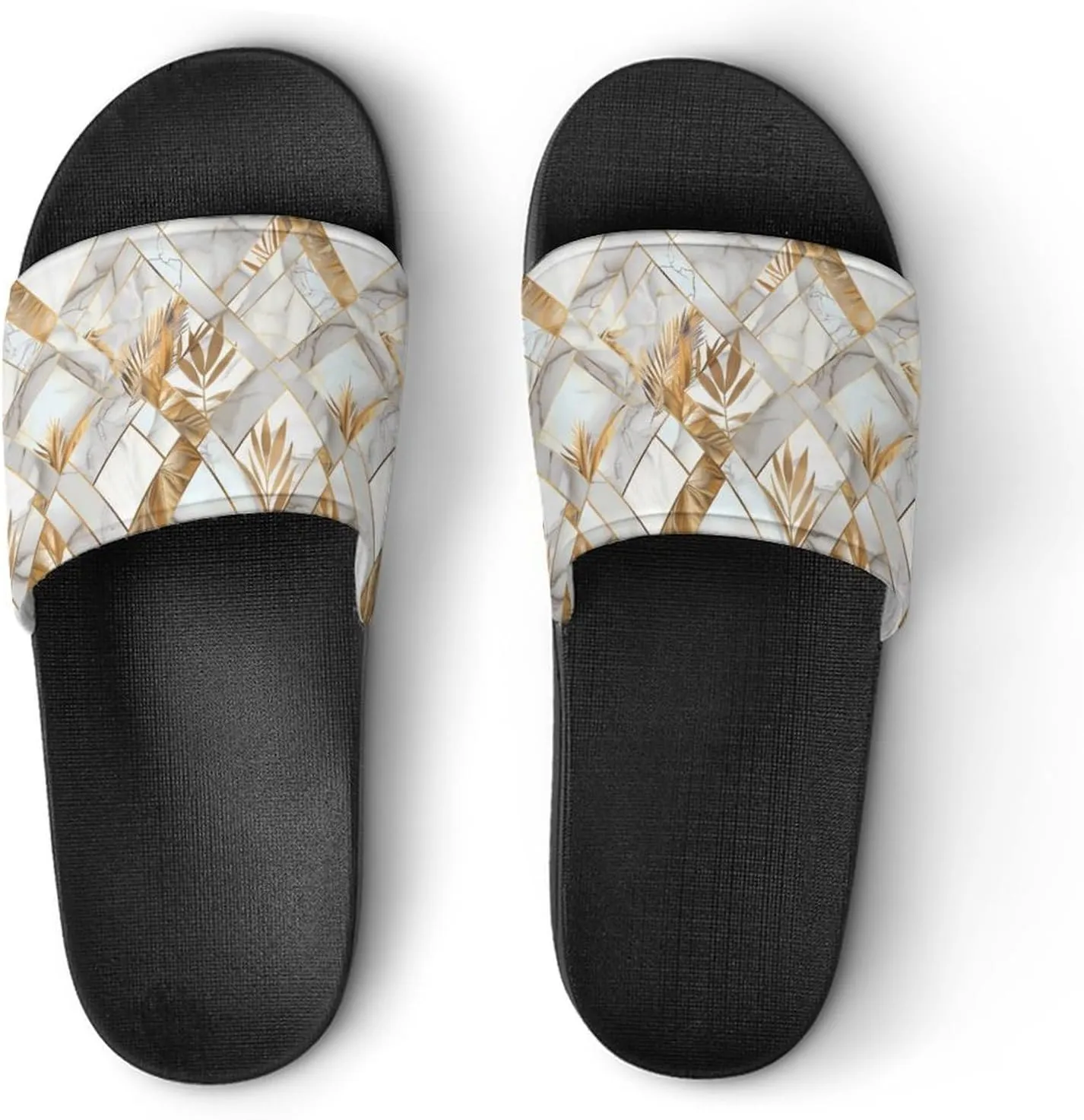 Marble Geometric Gold Leaves Slippers for Women Men Anti-Slip Shower Slides Open Toe Slippers for Home Outdoor Beach