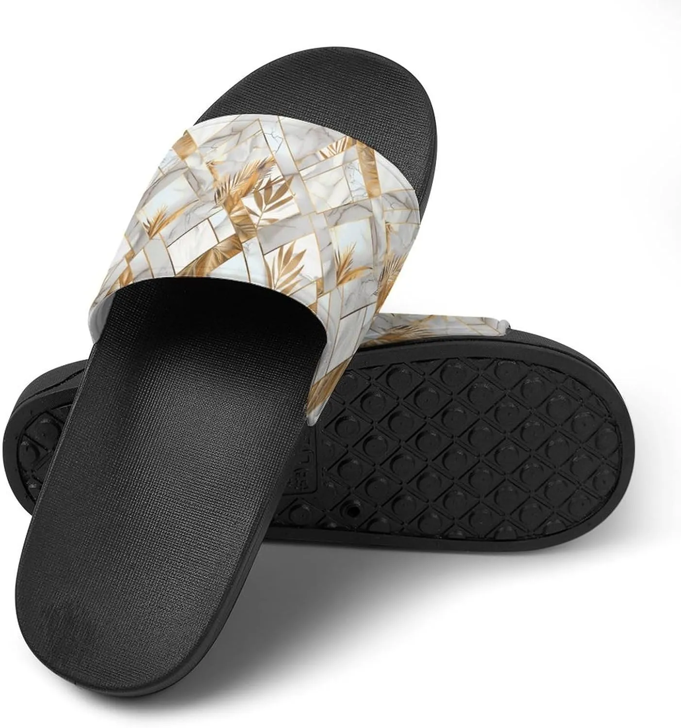 Marble Geometric Gold Leaves Slippers for Women Men Anti-Slip Shower Slides Open Toe Slippers for Home Outdoor Beach