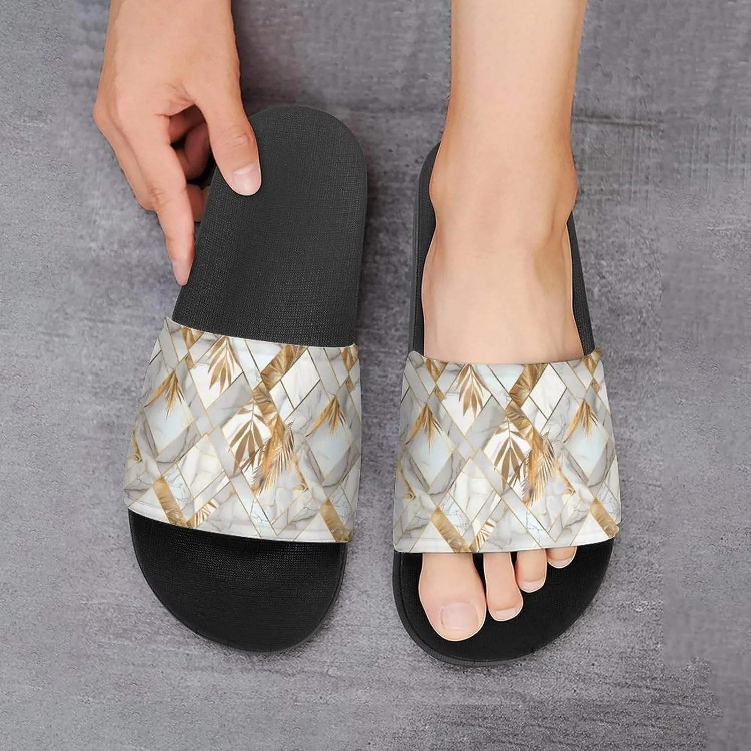 Marble Geometric Gold Leaves Slippers for Women Men Anti-Slip Shower Slides Open Toe Slippers for Home Outdoor Beach