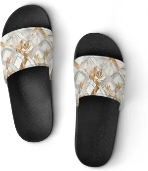 Marble Geometric Gold Leaves Slippers for Women Men Anti-Slip Shower Slides Open Toe Slippers for Home Outdoor Beach