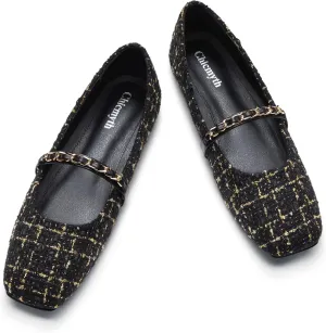 Mary Jane Flats;Square Toe Metal Chain Flats;Tweed Fabric Delicate and Elegant Women Shoes