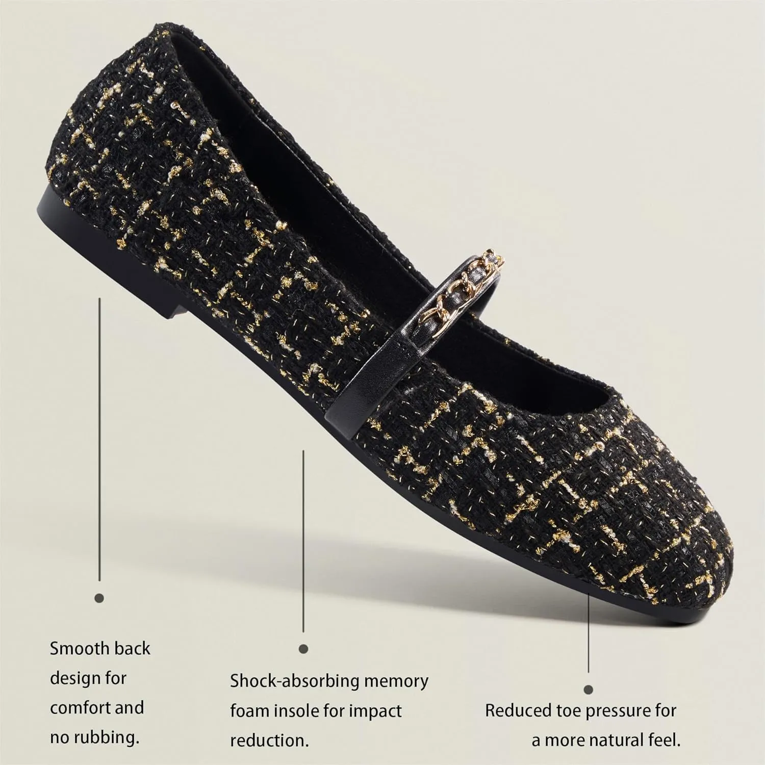 Mary Jane Flats;Square Toe Metal Chain Flats;Tweed Fabric Delicate and Elegant Women Shoes