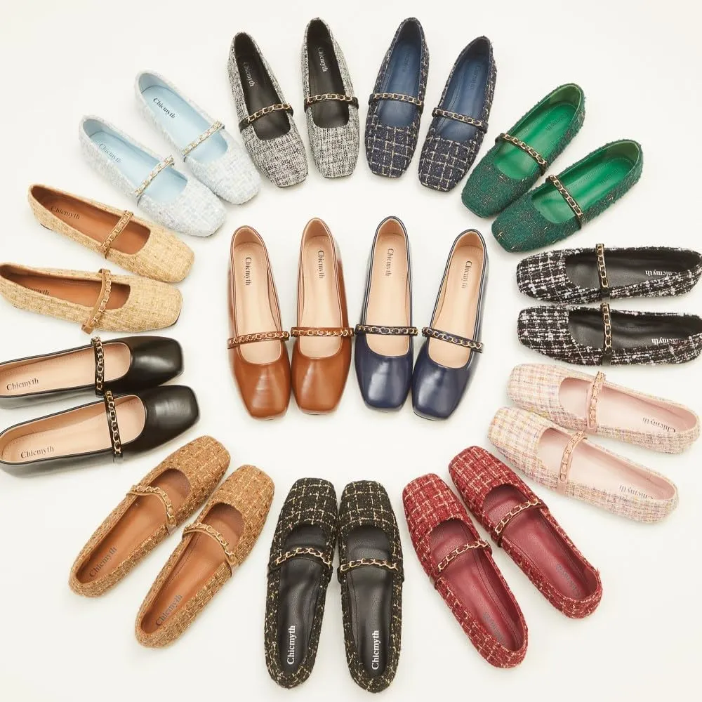 Mary Jane Flats;Square Toe Metal Chain Flats;Tweed Fabric Delicate and Elegant Women Shoes