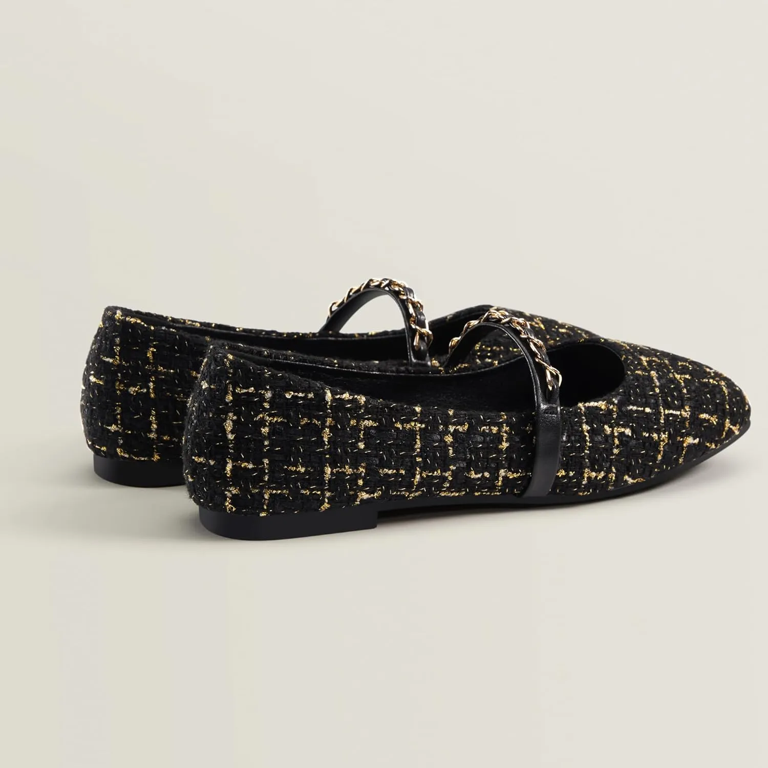 Mary Jane Flats;Square Toe Metal Chain Flats;Tweed Fabric Delicate and Elegant Women Shoes