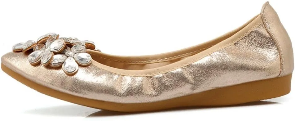 Meeshine Womens Foldable Soft Pointed Toe Ballet Flats Rhinestone Comfort Slip on Flat Shoes