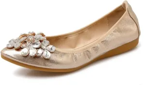 Meeshine Womens Foldable Soft Pointed Toe Ballet Flats Rhinestone Comfort Slip on Flat Shoes