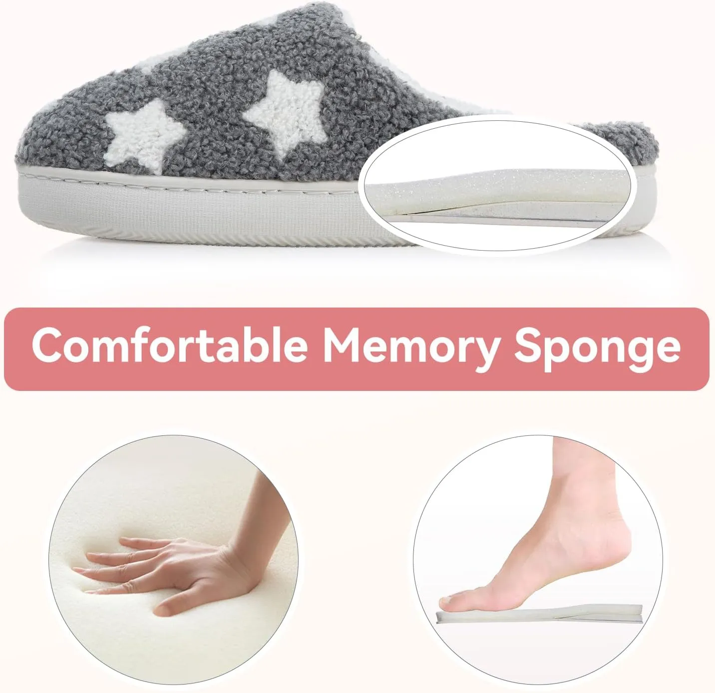 Memory Foam Slippers for Women - House Slip-on with Colorful Hearts & Stars Pattern Cute Cozy Bedroom shoes