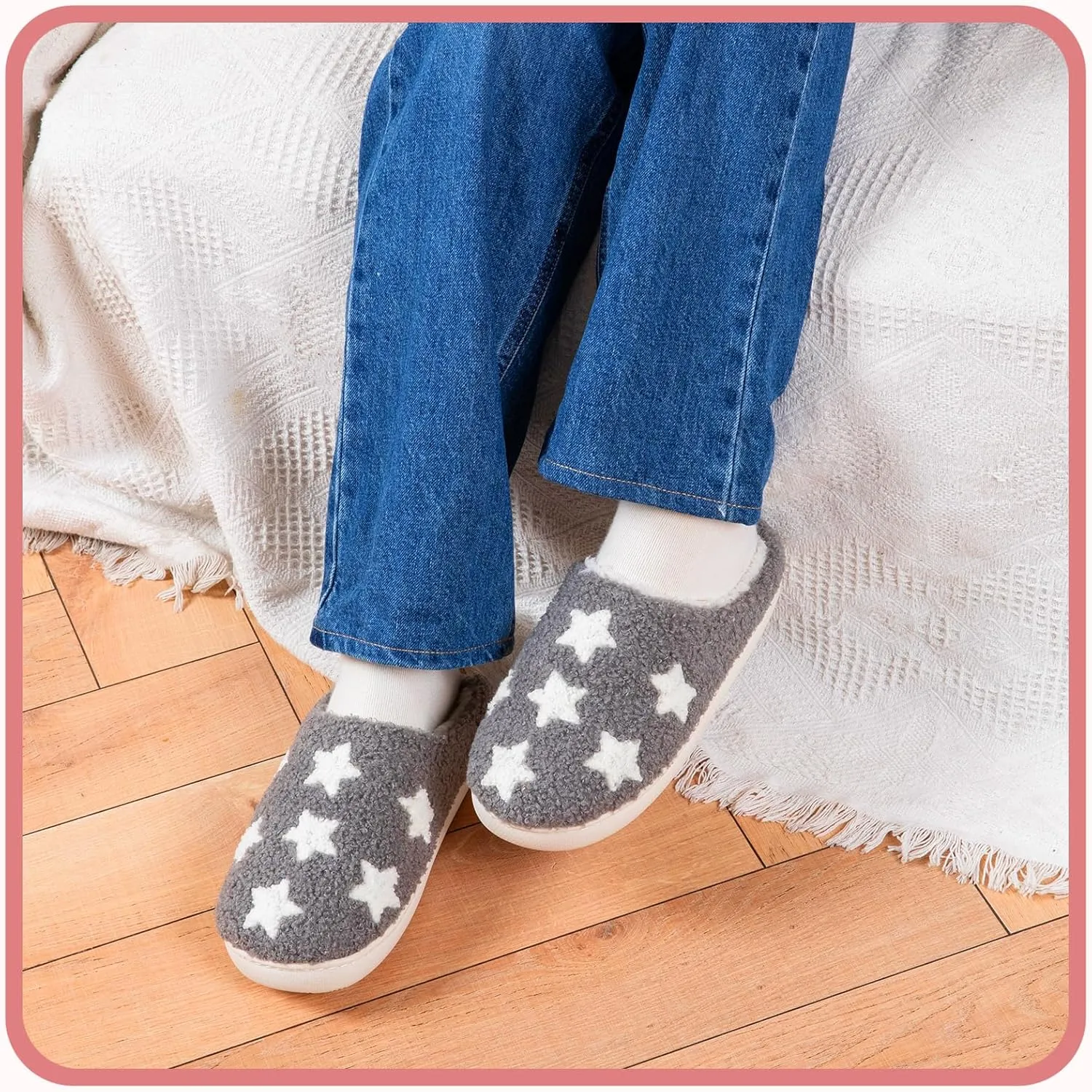 Memory Foam Slippers for Women - House Slip-on with Colorful Hearts & Stars Pattern Cute Cozy Bedroom shoes
