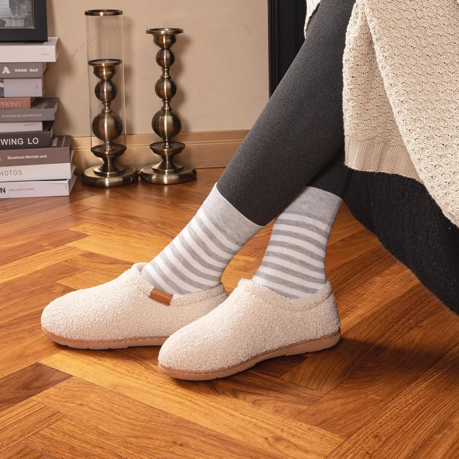 Memory Foam Slippers for Women - Indoor Cozy House Slip-on with Warm Curly Full