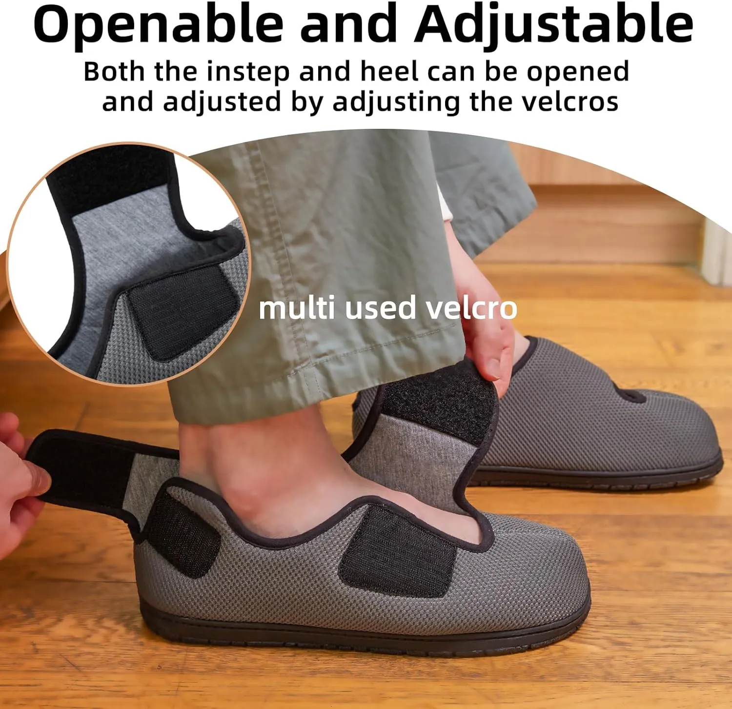 Men Adjustable Velcro Slippers Breathable Adjust Closure Diabetic Walking Shoes for Men Extra Wide Width for Swollen Feet All Season Wear Black DarkBlue US8-US13