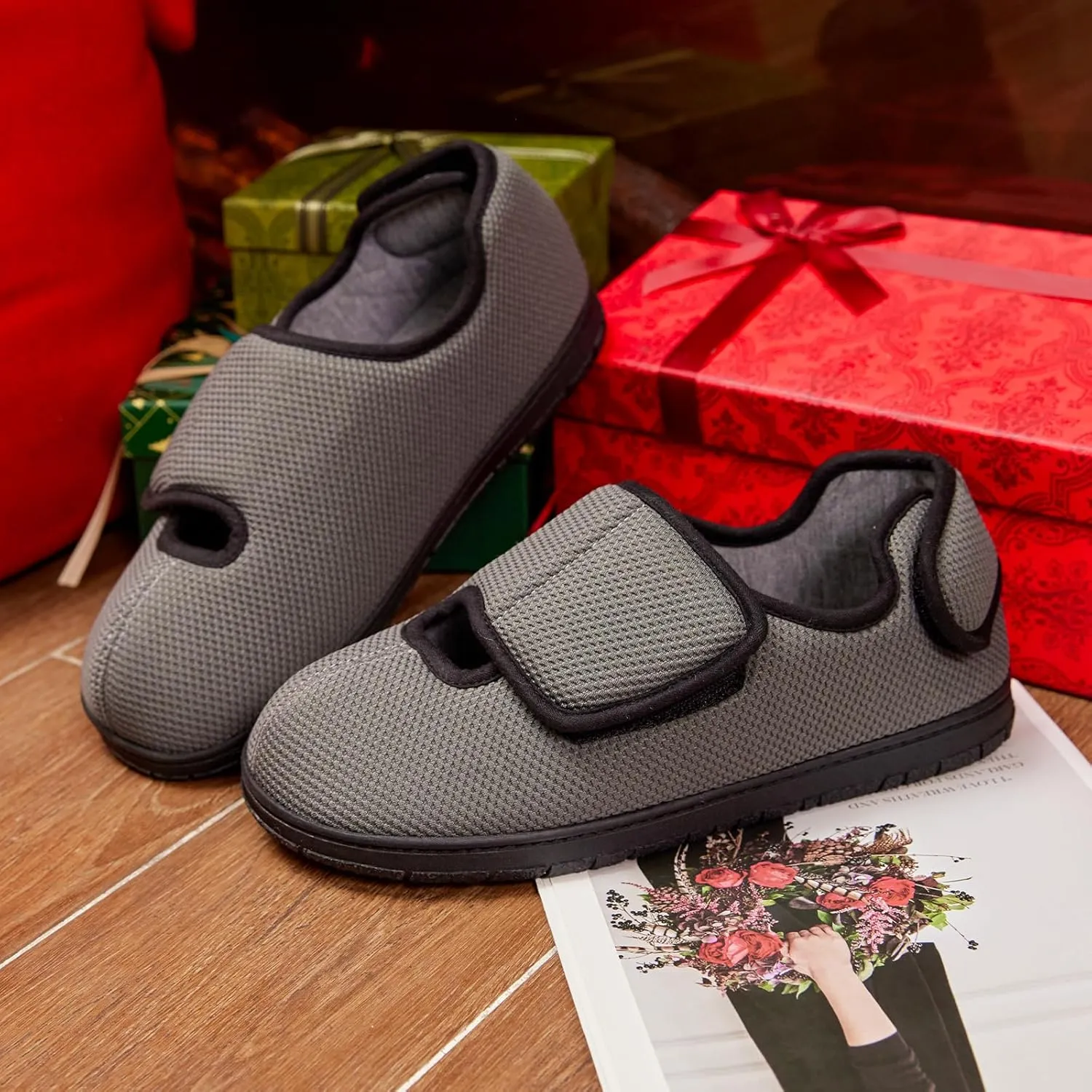 Men Adjustable Velcro Slippers Breathable Adjust Closure Diabetic Walking Shoes for Men Extra Wide Width for Swollen Feet All Season Wear Black DarkBlue US8-US13