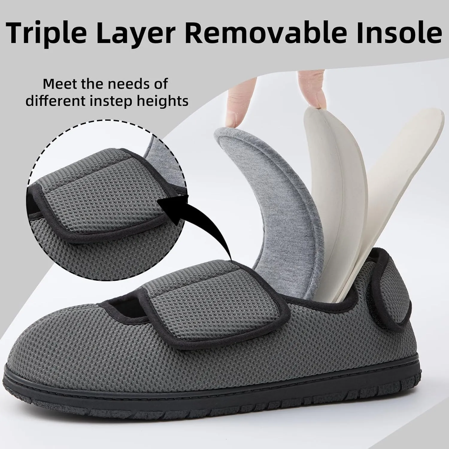 Men Adjustable Velcro Slippers Breathable Adjust Closure Diabetic Walking Shoes for Men Extra Wide Width for Swollen Feet All Season Wear Black DarkBlue US8-US13