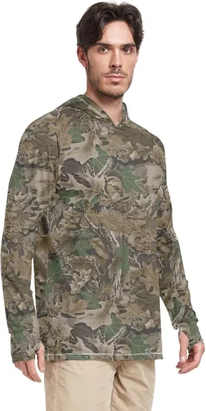 Men Sun Protection Hoodies Long Sleeve Wood Camouflage UPF 50   Sun Shirt with Hood Sailing Rash Guard Men UV Rash